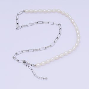 Shell Pearl Necklace Half Silver Paper Clip Link Chain Handmade Unisex Jewelry 16.75 inch + 2 inch extender wa1467