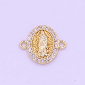 Gold Our Lady of Guadalupe Charm Connector, 24K Gold Plated Clear Micro Paved CZ Virgin Mary Religious Medallion Link Connector | G-470