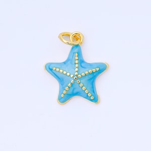 May include: A light blue starfish pendant with gold-colored accents. The five-pointed star has a gold outline and is decorated with small gold dots. The pendant has a gold loop for attaching to a chain or bracelet.