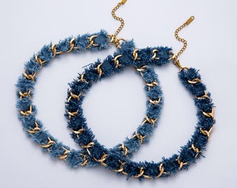 Gold Denim Jeans Fabric Scarf Necklace 16 inch Choker Scarf Necklace Charm Jewelry Supply Ready to Wear WA-3447