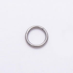 Puede incluir: Un aro circular de metal plateado con un cierre de segmento articulado sin costuras. La superficie metálica pulida refleja la luz, creando una apariencia suave y continua para esta pieza de joyería circular y sencilla.