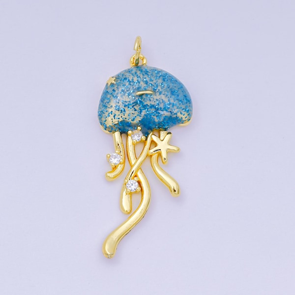 Berloque de animal marinho com água-viva azul brilhante, 35,5 mm, preenchido com ouro 24K | AH-605