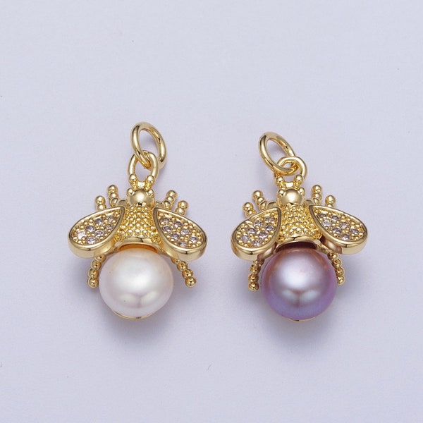 Micro Paved CZ Gold Bumble Bee Charm Insect Round White / Purple Pearl Pendant for Bracelet Necklace Earring | N-714