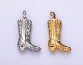 Stainless Steel Artisan Engraved Puffed Cowboy Boots Shoes Charm in Gold & Silver | P1273 P1274