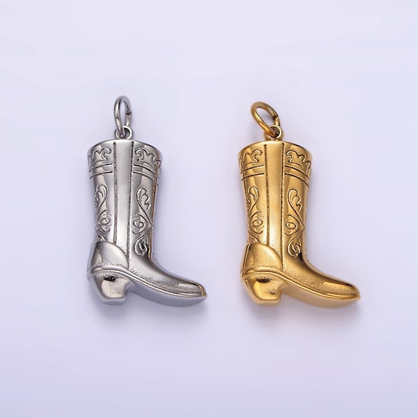 Stainless Steel Artisan Engraved Puffed Cowboy Boots Shoes Charm in Gold & Silver | P1273 P1274