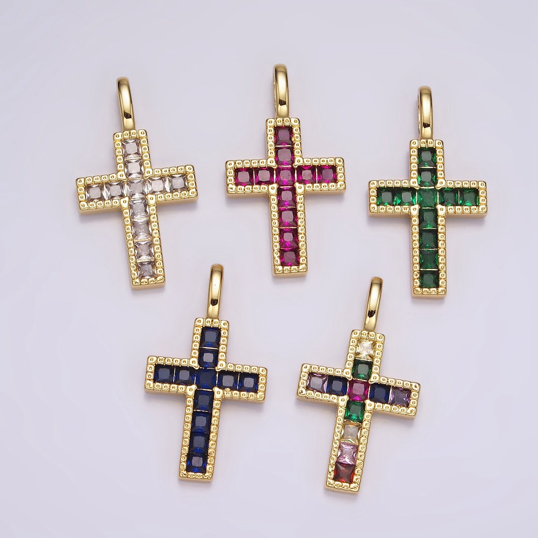 14K Gold Filled Clear, Fuchsia, Green, Blue, Multicolor Square CZ Latin ...