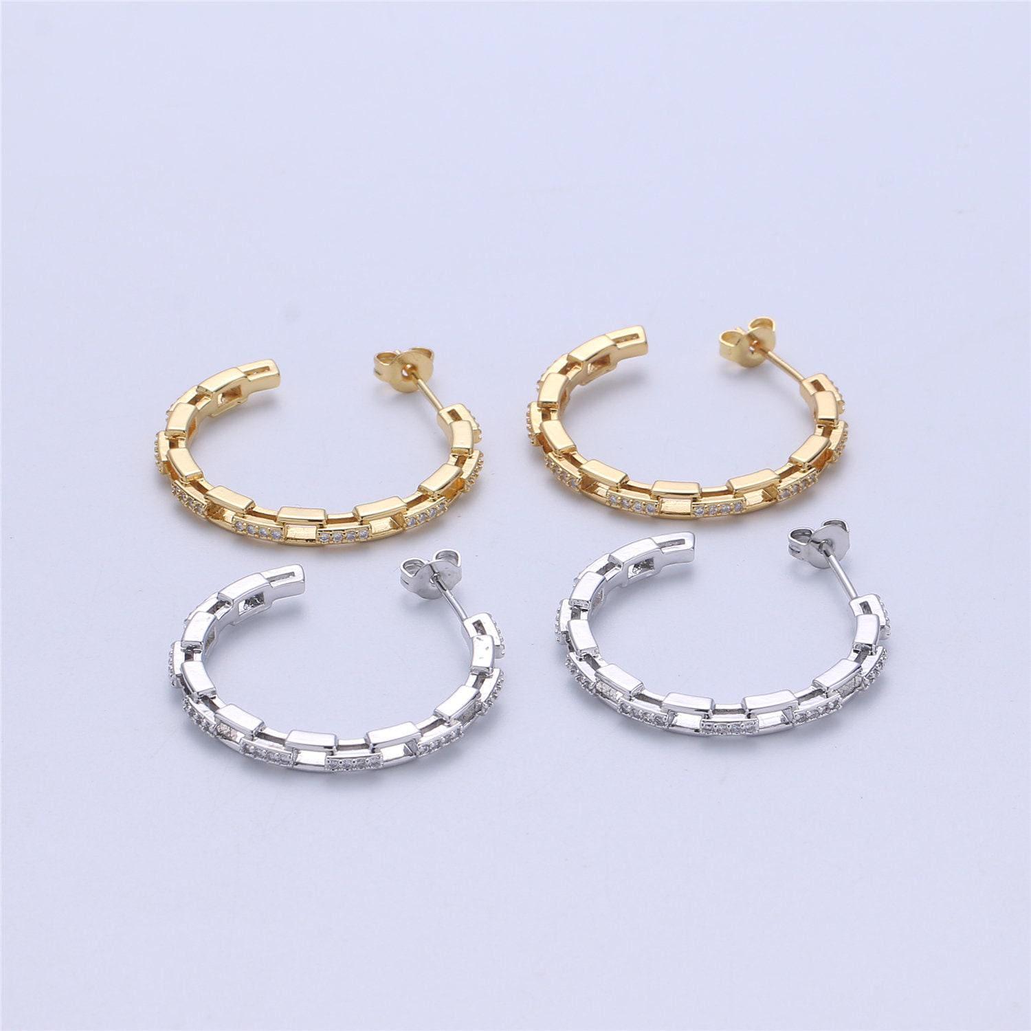 Dainty gold chain earring cz curb chain earring micro pave thin earring - gold filled hoop minimalist jewelry silver link earring