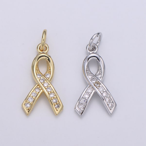 1 Pc Dainty Awareness Ribbon CZ Pave Charm, 21.8mm Breast Cancer Awarness Pendant, , Supply for DIY Bracelet