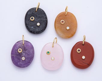 18K Gold Filled Natural Stone Pendant Geometric Oval Charm with Double CZ Gem Necklace for DIY Jewelry Making Supply Necklace | AK060