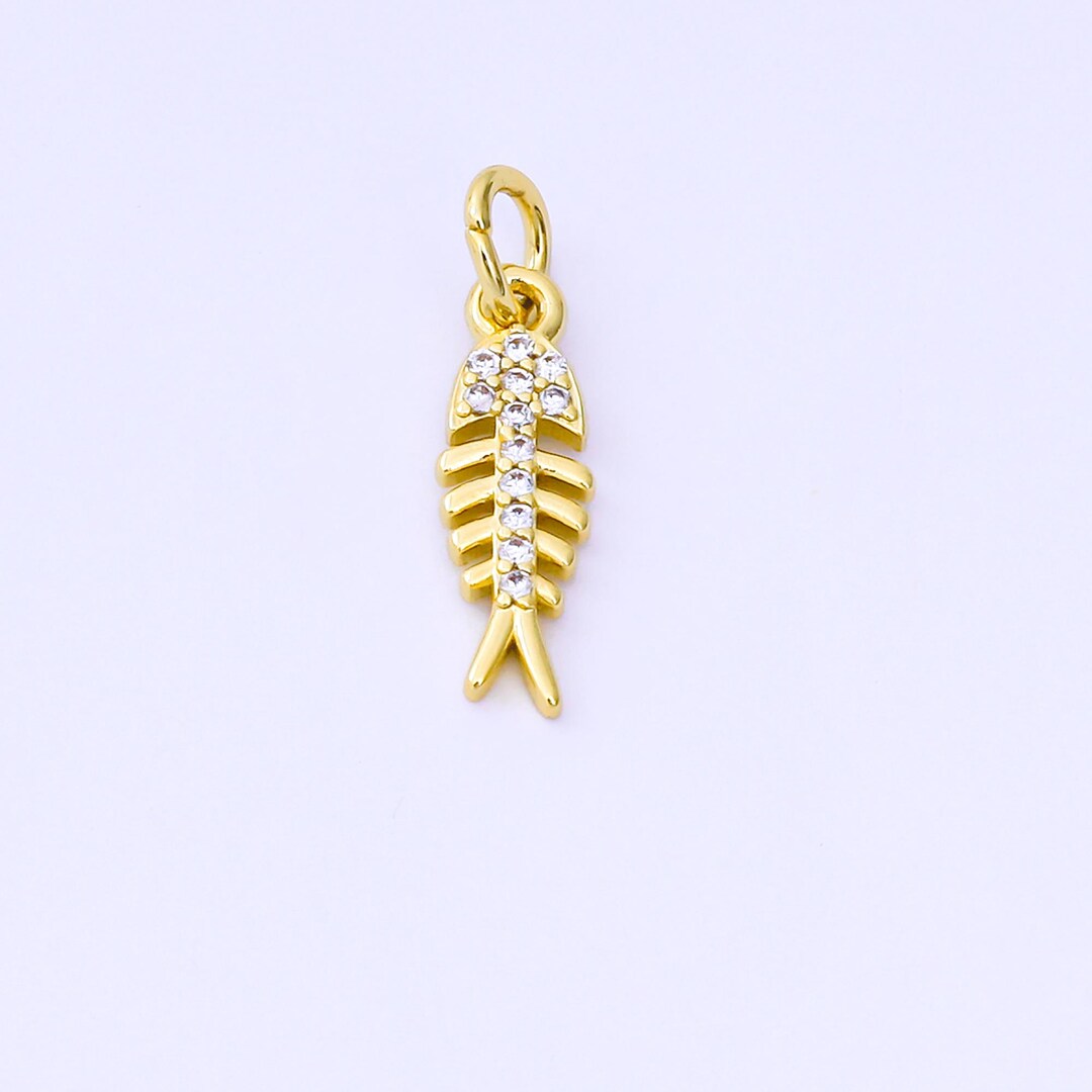24K Gold Filled 15.3mm Round CZ Fishbone Minimalist Charm | Aj-494 - Etsy