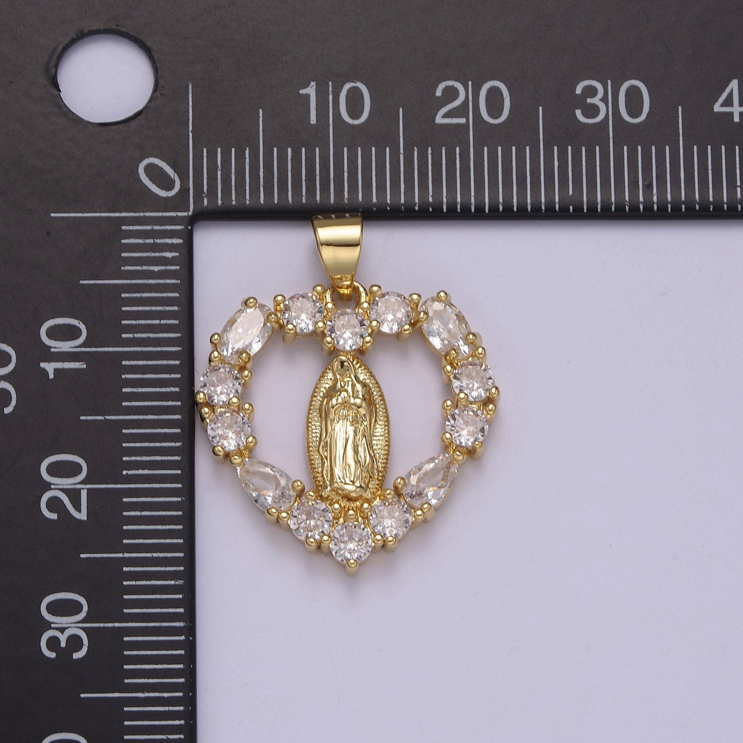 14K Gold Virgin Mary on Heart Emblem Shape Pendant Religious Charm Lady ...