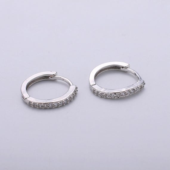 Pair Gold Huggie Earrings, 15mm Diamond Cubic Zirconia Pave Hoop
