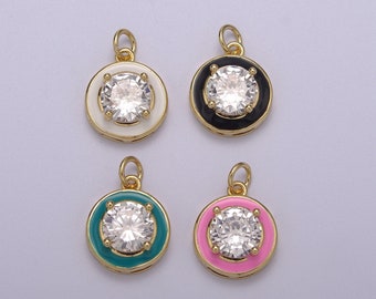 1Pc Gold Round Enamel Solitaire CZ Charms, Cubic O charm in Round Disc Charm Medallion for Necklace,M-662-M665