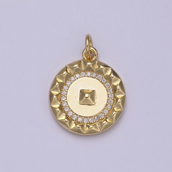 Dainty Gold CZ Paved Circular Medallion with Pyramid Center Small Minimalist Amulet DIY Necklace, Bracelet | N-916