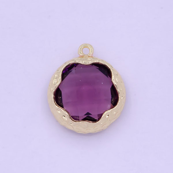 Gold Floral Outline with Deep Royal Purple CZ Pendant, 14K Gold Plated Dark Purple Flower Florette Outline Round Circle Charm | AG-079