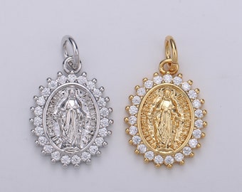 24k Gold Filled CZ Micro Pave Virgin Mary Charm Cubic Our Lady Of Guadalupe, Virgin Mary Necklace Bracelet for Religious Jewelry Supply E-49