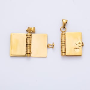 Puede incluir: Dos colgantes dorados con forma de libro, con bisagras. Uno está abierto, revelando páginas interiores en blanco. El otro está cerrado, con un recorte en forma de corazón y un cierre decorativo. Ambos tienen un lazo para una cadena.