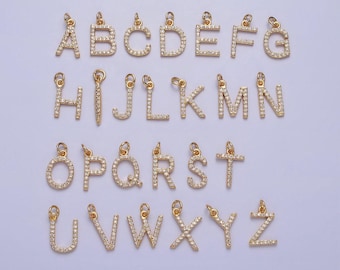 Dainty gold cz micro pave initial letter charm small letter pendant, cubic alphabeth charm, 15mm micro pave letters dangle charm