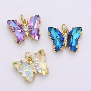 1pc Tiny Clear, Blue, Rainbow Wings Butterfly 24k Gold  Micro Pave CZ Mariposa Pendant Charm  Pendant,CHGF-1990, 1991, 1992