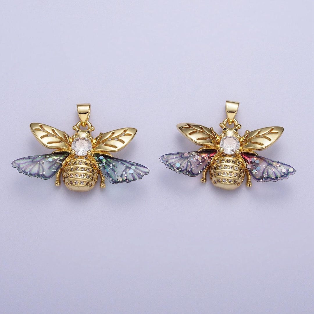 果物の飾り絵　Cahrlle Flanc Gold Cz Blue & Fuchsia Insect Pendant, 24k Gold Plated Micro