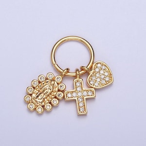 24k gold filled micro pave cubic zirconia cz triple charms, virgin mary, heart love, religious cross pendants for jewelry making | x-439