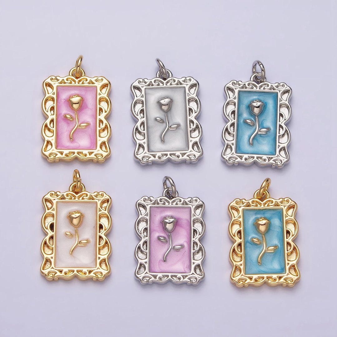 16k Gold Filled Rose Flower White, Blue, Pink Sparkly Enamel ...