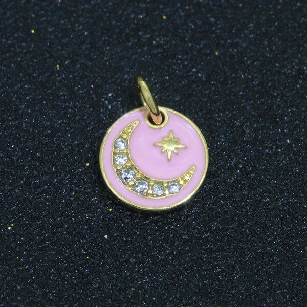 Pink Enamel Gold moon charms ,cubic moon pendants, Celestial charm, medallion charm, moon and star pendant in 14k Gold Filled