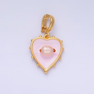 Heart Charm 18x16mm enamel with pearl beads 24k Gold Filled Charm for Bracelets and Necklaces with Enhancer Bail AA-1463