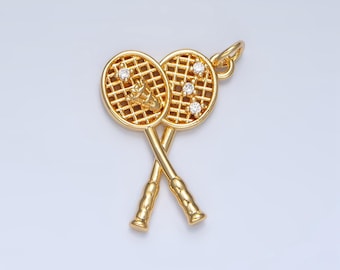 CZ Double Badminton Sports Racket Shuttlecock 24k Gold Filled Charm | X-892