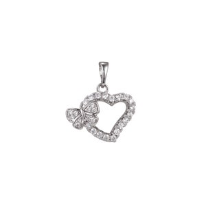 1pc White Gold  Micro Pave CZ Heart Pendant Charm, Buttefly Heart Micro Pave CZ Pendant Charm, White Gold Filled,For DIY Jewelry, 1413