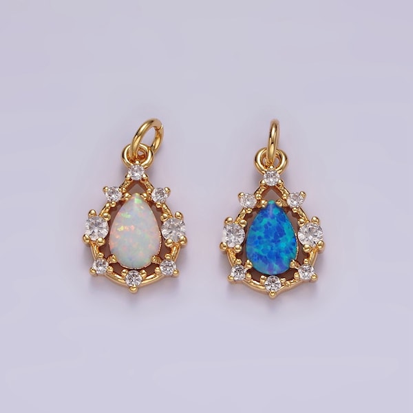 14K Gold Filled White, Blue Opal Teardrop CZ Dotted Outline Charm | AC817 AC818