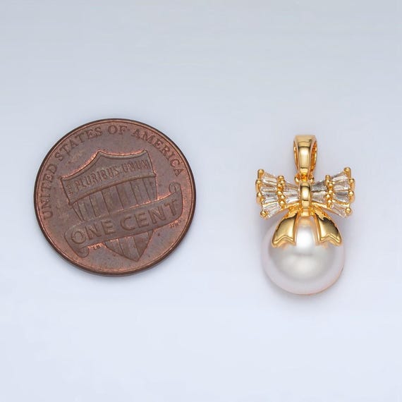 Mini Gold Baguette Bow Charm With Faux Pearl Charm Aa1408 - Etsy