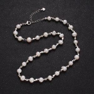 Collar de perlas naturales de agua dulce de 8,5 mm, hecho a mano, con cadena de cuentas plateadas para bisutería en capas WA-1360