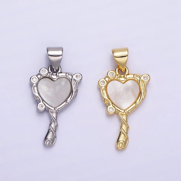 14K Gold Filled Heart Mirror Shaped Charm with Shell Pearl Pendant in Gold and Silver AA-1189