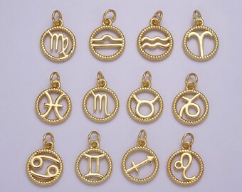 Pequeños amuletos del zodíaco: signos del zodíaco astrológico rellenos de oro de 14 k, símbolos del zodíaco, cumpleaños, complemento del amuleto del horóscopo E-731-742