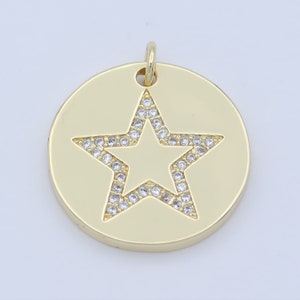 Gold Micro Pave CZ Star Charm, Cubic Galaxy Micro Pave CZ Pendant, Coin Pendant, Celestial Jewelry M-355