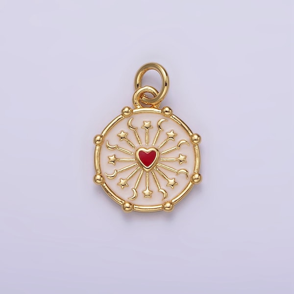 16K Gold Filled Red Heart Celestial Crescent Moon Star Ray Dotted Outline Round Charm | AG159