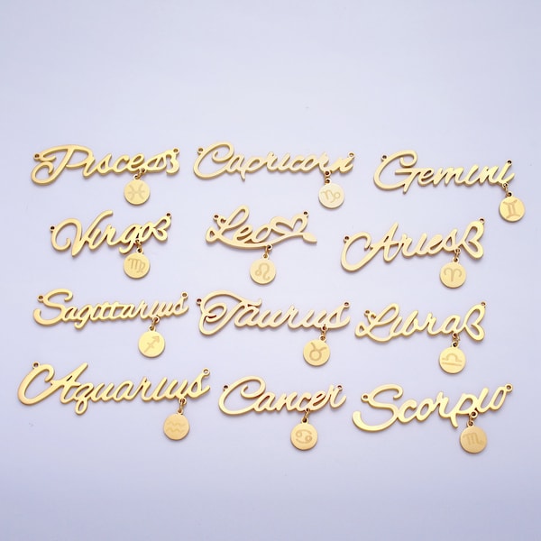 Gold Cursive Font Zodiac Charms Connector for Necklace Bracelet Link Connector Astrology Necklace Charm Personalized Jewelry Wholesale AD053