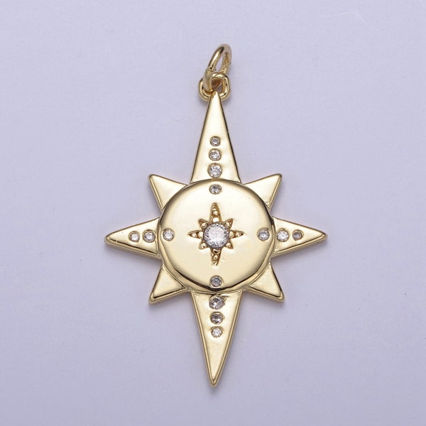 16k Gold Fill Micro Pave North Stars Charm, Pointed Stars Compass Polaris Cubic Zirconia Pendant Charm DIY Earring Bracelet Necklace Supply