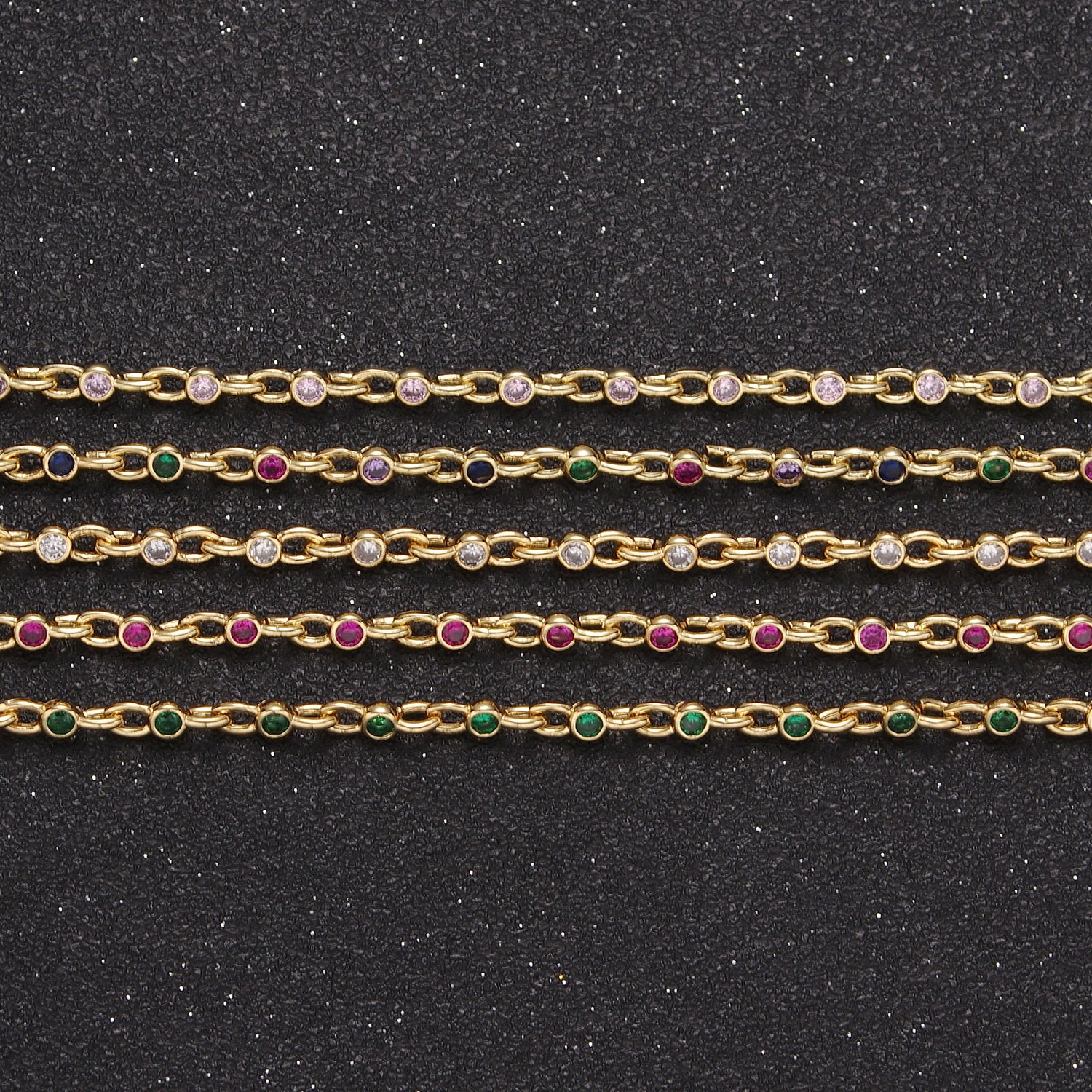 2.5mm Mini 24K Gold Filled Round Bezel Unsoldered Cut Cubic Zirconia CZ Chain By Yard Bulk Wholesale | ROLL-750, -751, -752, -753
