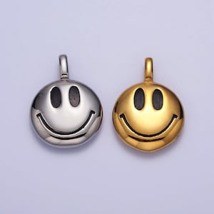 Round emoticon face stainless steel charm pendant in gold & silver happy face pendant | x661 x662
