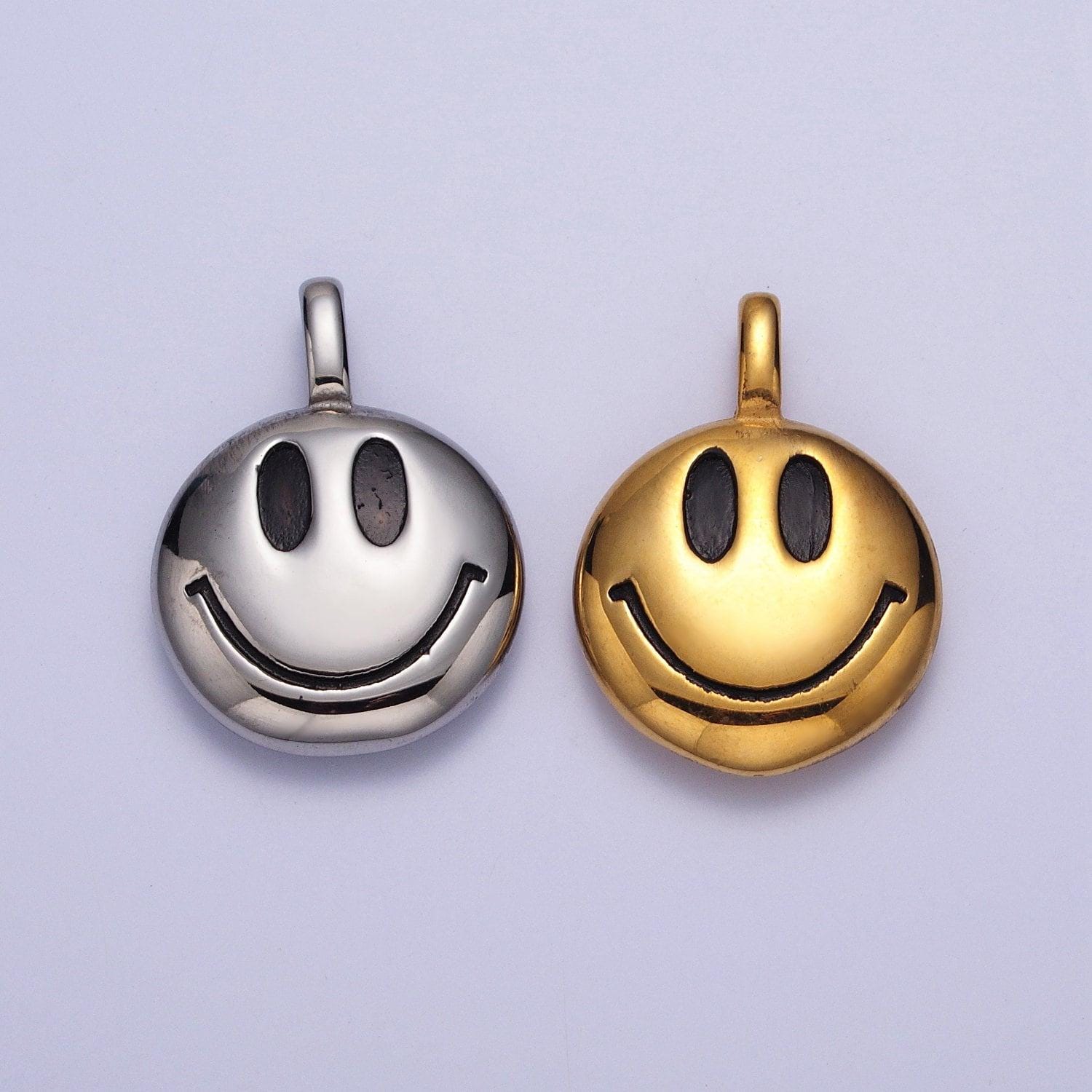 Round Emoticon Face Stainless Steel Charm Pendant in Gold & Silver