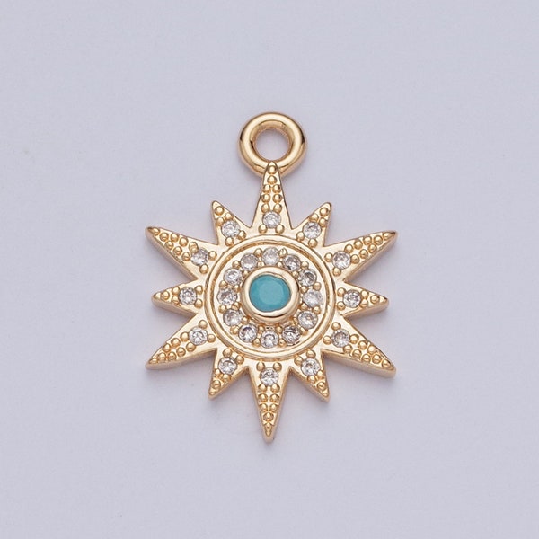 16K Dainty Gold Sun Charm, Opal Turquoise Cubic Zirconia Micro CZ Pave Sunburst Beaded Pendant, Gold Plated Celestial Charm | X-208