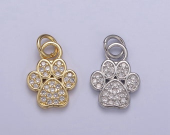 Tiny Dog Cat Bear Paw Print Pendant in Silver or Gold, Micro CZ Pave | DIY Fashion Jewelry Charm for Necklace Bracelet Earring | N-683