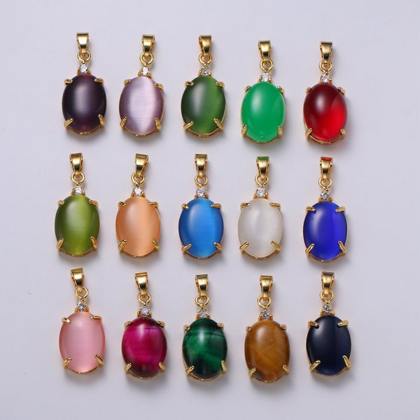 Multi Color Cat's Eye: Eggplant,Green,Lavender,Olive, Peach   Gold   Solitaire CZ Pendant, Large Cat's Eye Stone, PDGF-1619-1624