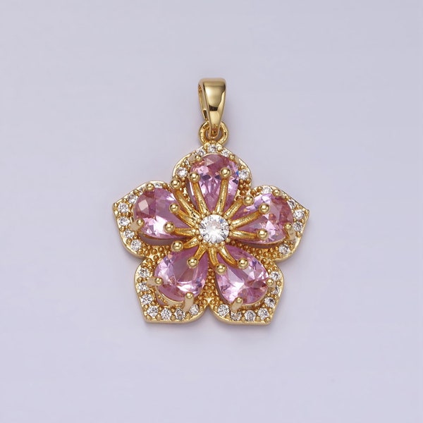 Pink Teardrop CZ Hibiscus Gold Charm Cluster Cubic Charm, Dainty Flower Pendant Dainty Hawaiian Inspired Charm for DIY supply AH049