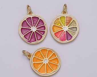 Enamel sliced orange fruit charm lemon sliced charm gold pendant for necklace earring supply component in 24k gold filled, m-818 - m-820