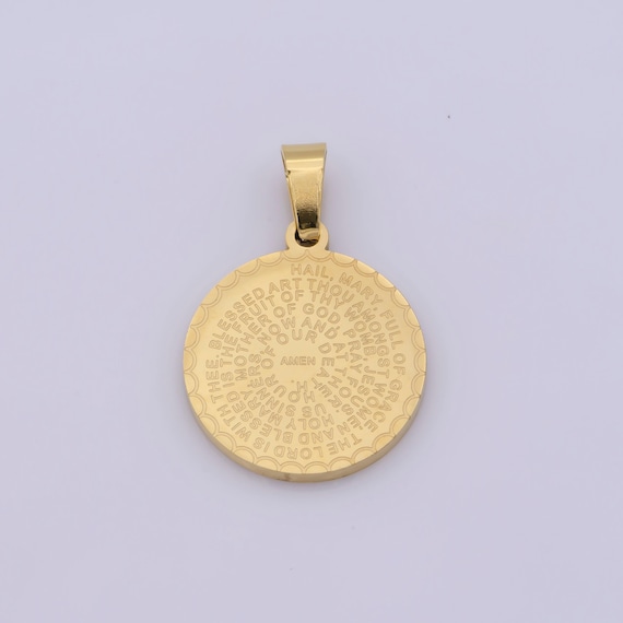 Hail mary prayer necklace pendant 24kt gold filled religious charm gold coin medallion necklace, dios te salve maria necklace pendant