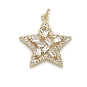 1pc 24k Gold  Micro Pave Star Charm, Cubic Zirconia Star Pendant Charm,  Charm, For DIY Jewelry