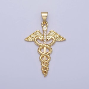 Gold medicine caduceus symbol medical doctor nurse gift idea roman mercury micro paved cz pendant | aa155